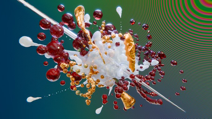 A 3D abstract digital artwork showing an explosion of red spheres, gold shapes, and white fluid against a green and blue striped background with diagonal white lines.
