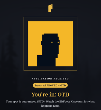A digital notification screen with yellow graphics displaying the text 'APPLICATION RECEIVED', 'Status: APPROVED - GTD', and 'You're in: GTD' for a BitBoots X account.