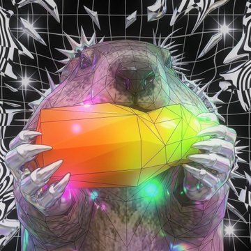 A surreal digital artwork depicting a reptilian creature with clawed hands holding a glowing, multi-colored geometric bar against a black background with white wireframe patterns.