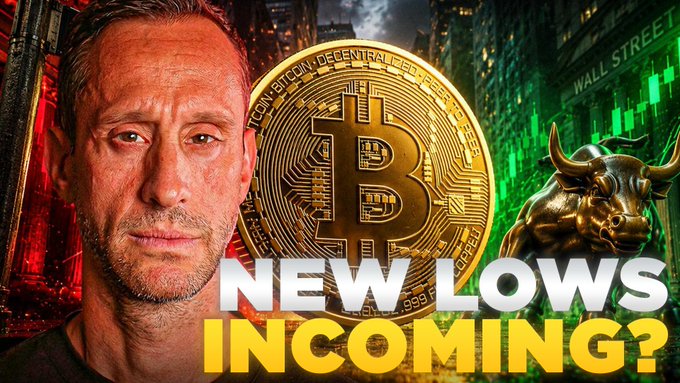 The image features a man with a beard, wearing glasses, standing next to a gold bull statue. The text overlaying the image reads "New lows incoming?" which suggests that there might be a significant drop in Bitcoin's value or an impending economic crisis.