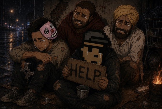 The image features a group of people sitting around each other, with one person holding up a sign that reads "Help". The scene appears to be set in an urban environment, possibly at night or during a rainy day. The focus on this particular image is on the message conveyed by the "Help" sign and its relation to the post about MegaETH.