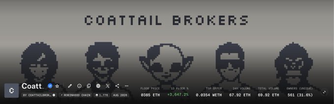 The image shows a banner for "COATTAIL BROKERS" featuring five pixelated character avatars, with statistics at the bottom indicating a floor price of 0.0355 ETH, 10 floor sales, and a total volume of 69.92 ETH. This aligns with the post's celebration, likely showcasing the NFT collection's market performance and trading success.