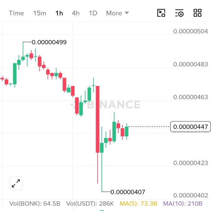 A Binance candlestick chart showing the BONK/USDT trading pair in sharp decline on the 1-hour timeframe, with prices falling from a high of 0.00000499 down to a low of 0.00000407 — a visible drop of roughly 18% that visually reflects the ~8% post-exploit decline mentioned in the post. Volume data shows 286K USDT traded and a MA(5) of 73.3B BONK.