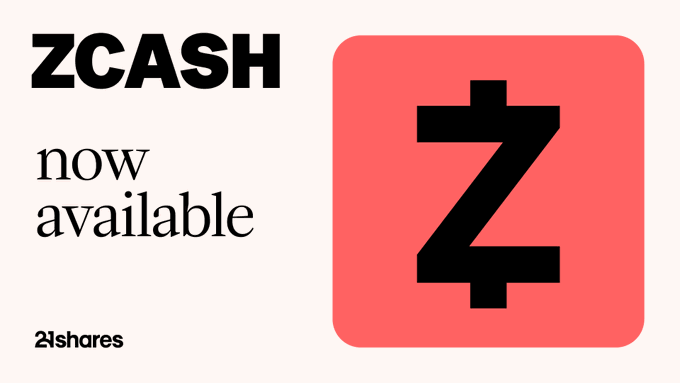 21Shares announces the launch of its physically backed Zcash (ZCASH) ETP, as shown by the bold "ZCASH now available" text alongside the pink square featuring the Zcash "Z" logo. The image serves as a visual announcement of this expansion into privacy-focused crypto offerings on European exchanges, complementing the post about new ZEC and ETHFI ETPs on Euronext Paris and Amsterdam.
