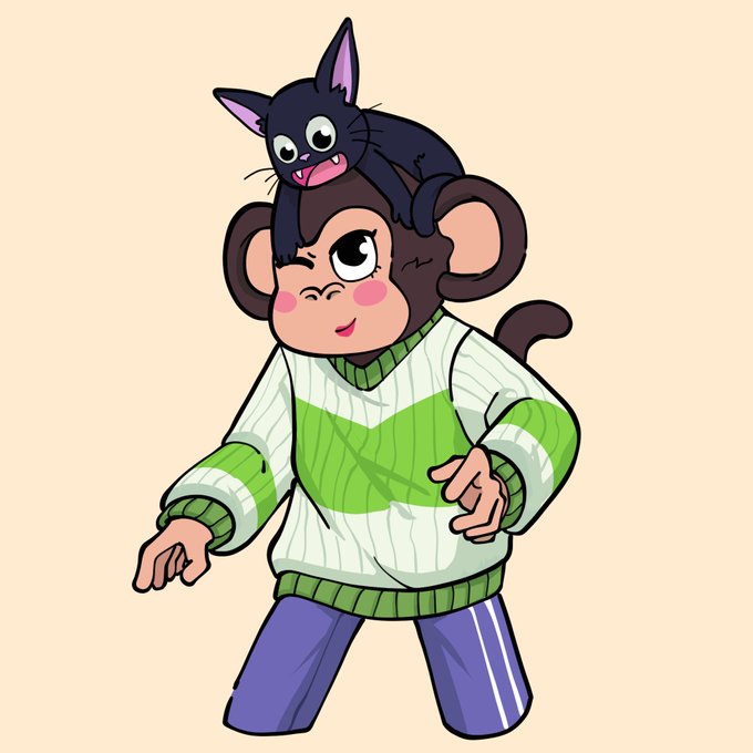 A cartoon illustration of a monkey character with a black cat on its head, wearing a green and white striped sweater and purple pants.