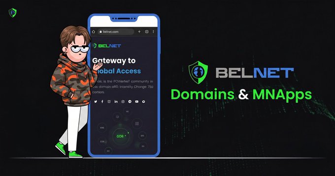 A promotional graphic for 'BELNET Domains & MNApps' featuring a cartoon character in a camouflage jacket standing next to a smartphone displaying the BelNet website, with the tagline 'Gateway to Global Access.'