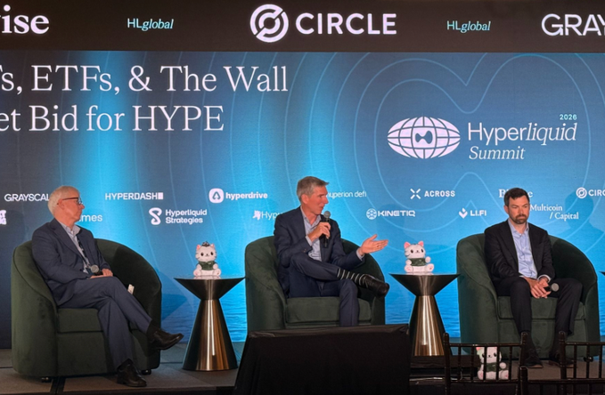 Three men participate in a panel discussion at the Hyperliquid Summit 2026, which focuses on "ETFs & The Wall Street Bid for HYPE." The image visually represents the Hyperliquid Summit, where discussions about the future of Hyperliquid are taking place.