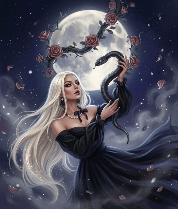 A digital fantasy illustration depicting a pale woman with long white hair and a black dress holding a black snake, set against a full moon framed by a wreath of dark red roses in a starry night sky.