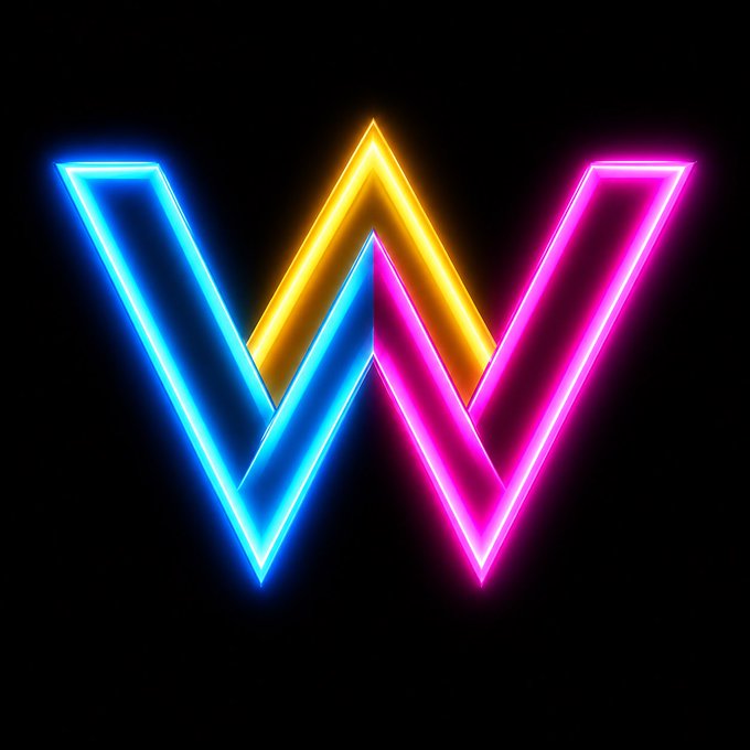 A glowing neon logo on a black background featuring three V-shaped arrows in blue, yellow/orange, and pink/magenta colors forming a stylized W or M shape.