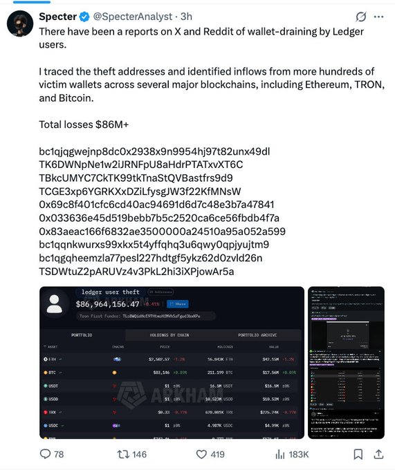 A tweet from Specter (@SpecterAnalyst) reports over $86 million in wallet-draining losses tied to Ledger users, identifying suspect Bitcoin addresses and showing a blockchain portfolio dashboard displaying holdings of approximately $86,964 across BTC, ETH, USDT, USDC, and other assets linked to a flagged "ledger user theft" account. The screenshot supports the post's claim of significant suspected thefts, though the post notes the link between CryptoBilis resellers and these losses remains unconfirmed.