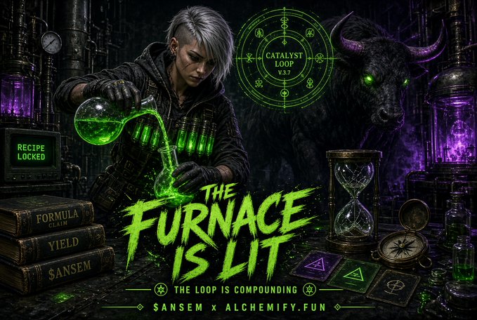 A fantasy-themed promotional graphic titled 'THE FURNACE IS LIT' featuring a hooded figure pouring glowing green liquid, a dark horned creature, and alchemy symbols, with text reading 'CATALYST LOOP V3.7', 'THE LOOP IS COMPOUNDING', and 'SANSEM x ALCHEMIFY.FUN'.