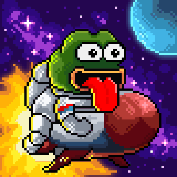 A pixel art illustration shows a green frog-like character in silver armor riding a flying broomstick through space, with a crescent moon, planet, and stars in the background.