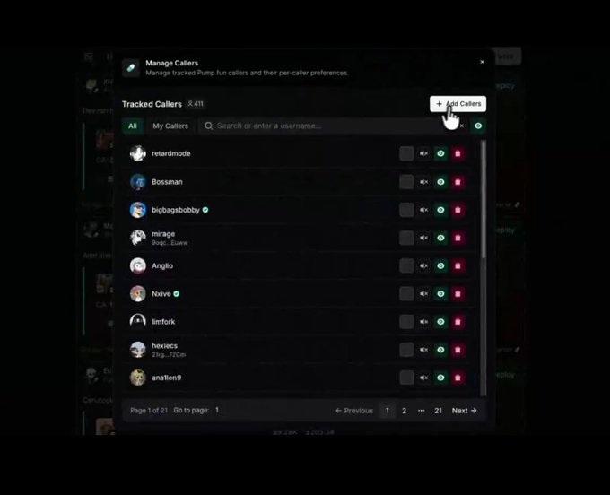 A 'Manage Callers' interface from a poker tracking app displaying a list of tracked callers including 'retardmode', 'Bossman', 'bighagabobby', 'mirage', 'Anglio', 'Noive', 'iimfork', 'hesiecs', and 'anafon9', with a cursor hovering over the '+ Add Callers' button.