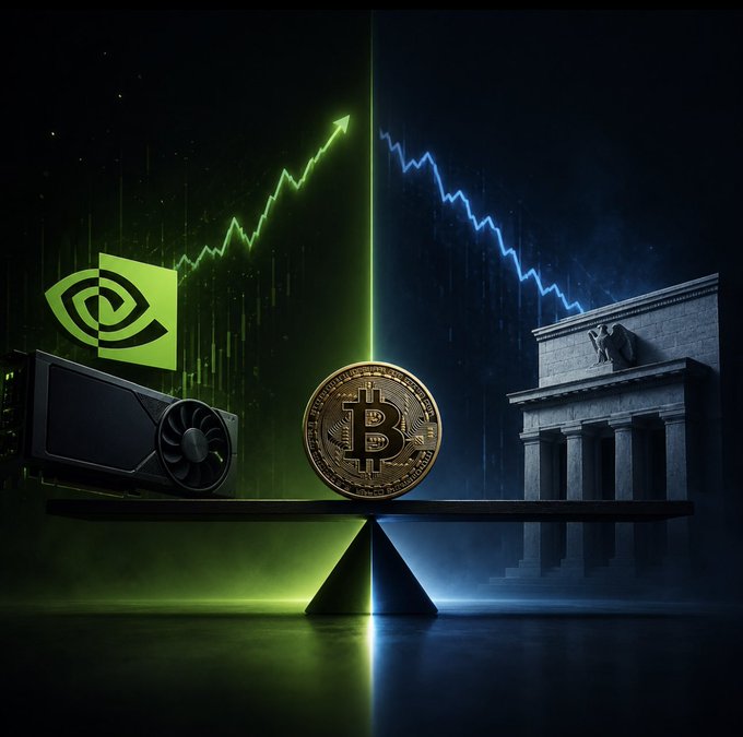 A graphic showing a balance scale with Bitcoin in the center, NVIDIA GPU on the left with a green rising chart, and a bank-like building on the right with a blue declining chart, depicting crypto vs. traditional finance.