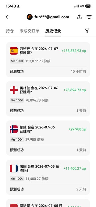 This image displays a history of successful predictions made on OKX, totaling 153,872.93 XP, with predictions for Spain, England, Norway, and France.