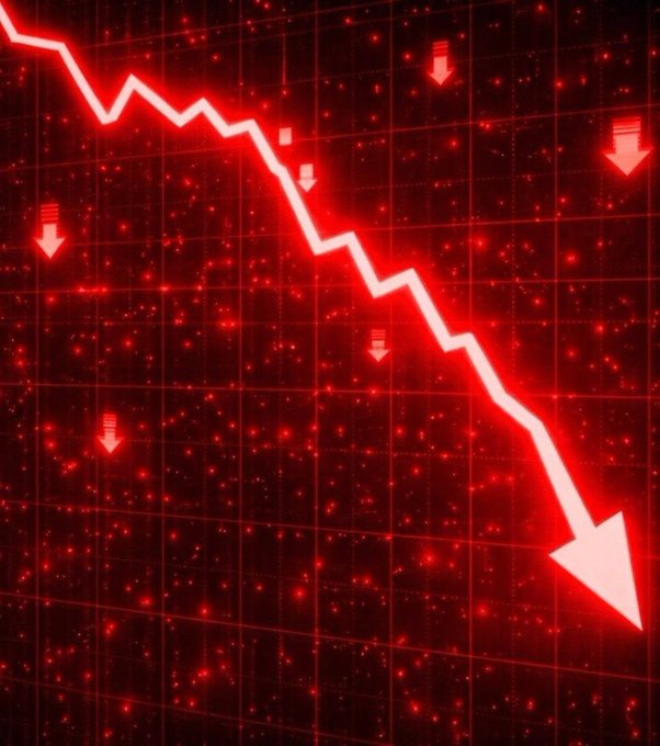 A stock market graphic depicting a sharp downward trend with a red jagged arrow descending against a dark red grid background, accompanied by smaller red downward arrows.