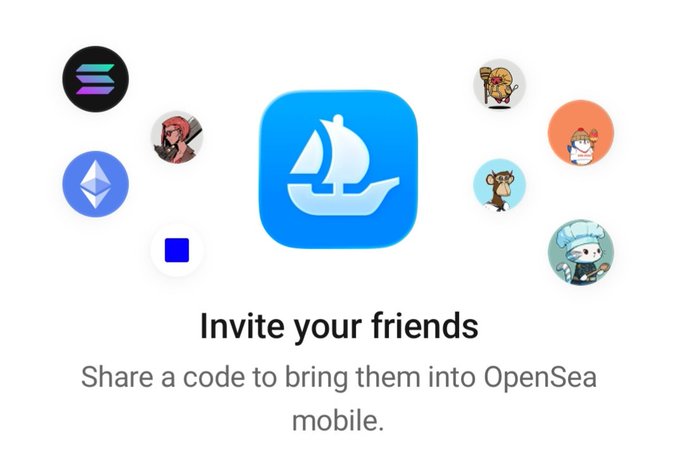 OpenSea mobile app invitation screen with the text 'Invite your friends - Share a code to bring them into OpenSea mobile,' surrounded by various NFT avatars.