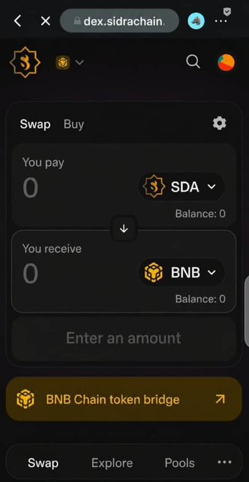 A screenshot of the Sidra DEX swap interface showing a "BNB Chain token bridge" option to swap SDA for BNB. The post highlights the testing launch of the BNB Chain Bridge on Sidra DEX, allowing users to swap SDA and BNB tokens.
