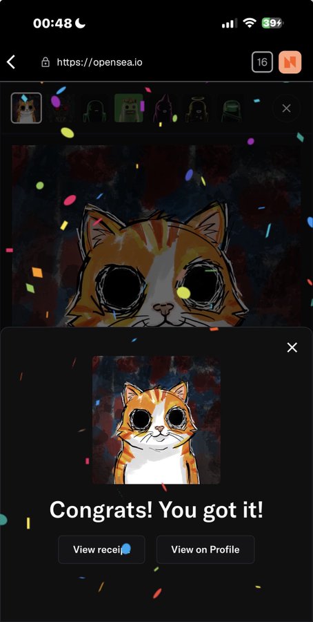 A mobile screenshot of OpenSea (https://opensea.io) showing a digital cat NFT collection with an orange and white cat highlighted, accompanied by a celebration popup reading "Congrats! You got it!" with options to "View receipt" and "View on Profile," alongside tabs showing 16 items. The image celebrates the Penni 1/1 NFT sale to @i_joeking for 0.0249 ETH.