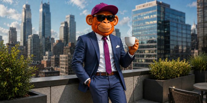 A 3D-rendered orangutan wearing a purple suit, purple tie, purple cap, and sunglasses stands on a rooftop holding a coffee cup, with a city skyline in the background.