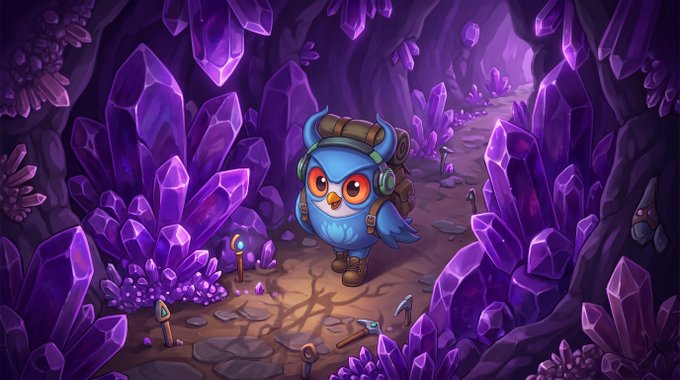 A digital illustration of a cartoon blue owl wearing a backpack and boots, exploring a cave filled with glowing purple crystals.