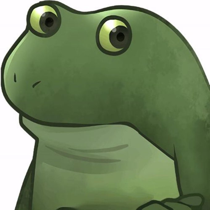 A cartoon illustration of a green frog with large, expressive yellow eyes against a plain white background.