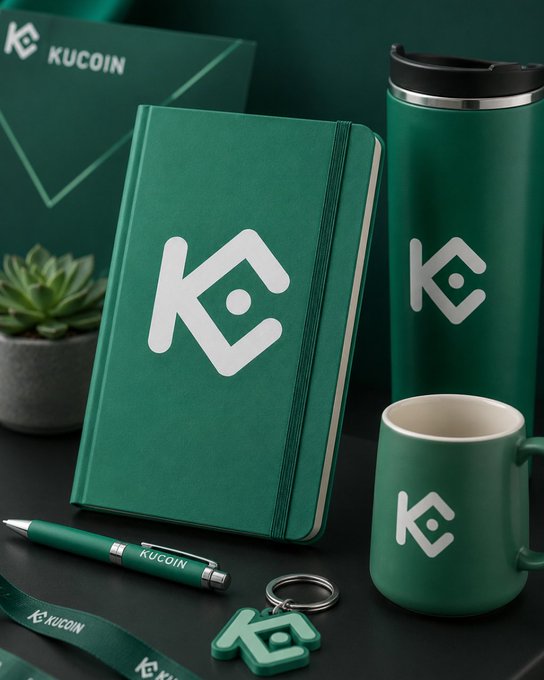 A green KuCoin notebook, branded tumbler, mug, pen, and keychain are arranged on a dark surface, with "KUCOIN" text visible on the packaging. The collection of KuCoin-branded merchandise humorously reveals the user's trading platform loyalty without saying a word.