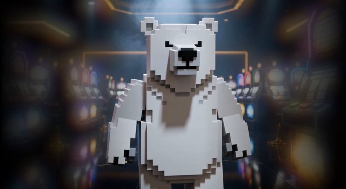 A 3D rendering of a blocky, Minecraft-style polar bear standing in front of a brightly lit casino or arcade background with slot machines.