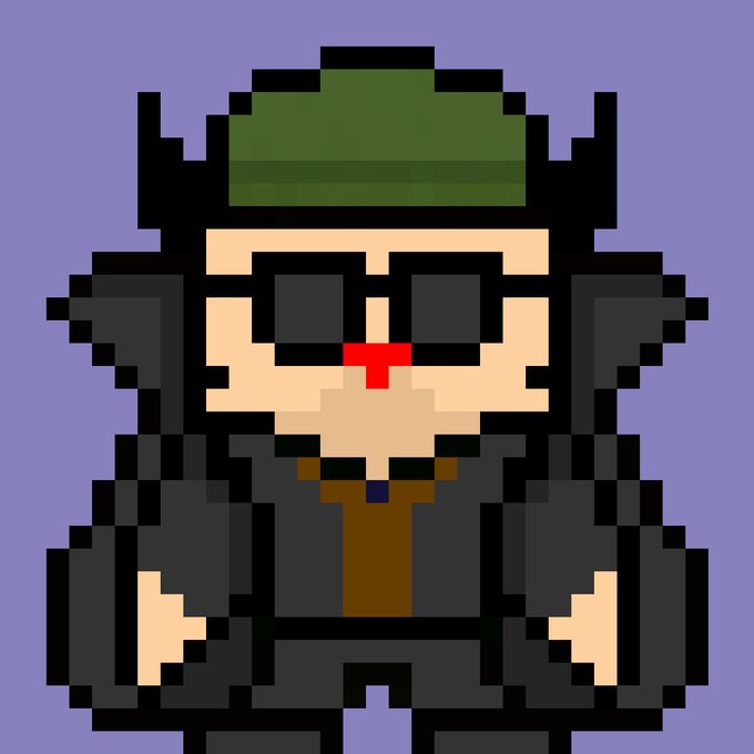 Pixel art of a character wearing a green hat, black glasses, and a dark coat against a purple background.