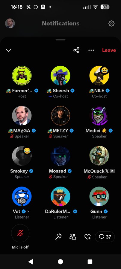 A mobile screenshot of a Twitter Space showing the participants grid, including hosts 'Farmer...' and 'Sheesh', co-host 'NILE', and various speakers and listeners.