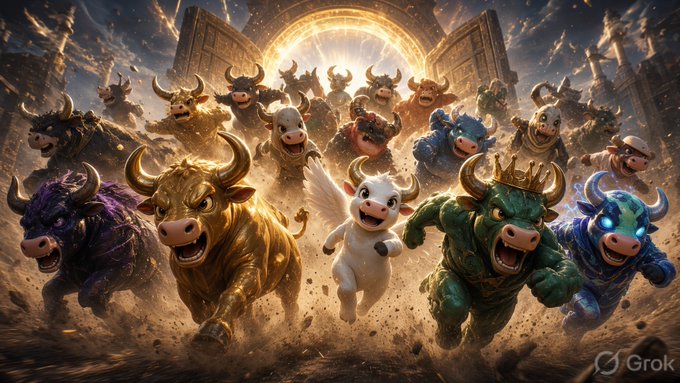 Epic fantasy illustration by Grok depicting an army of armored bull characters charging forward alongside a small winged creature.
