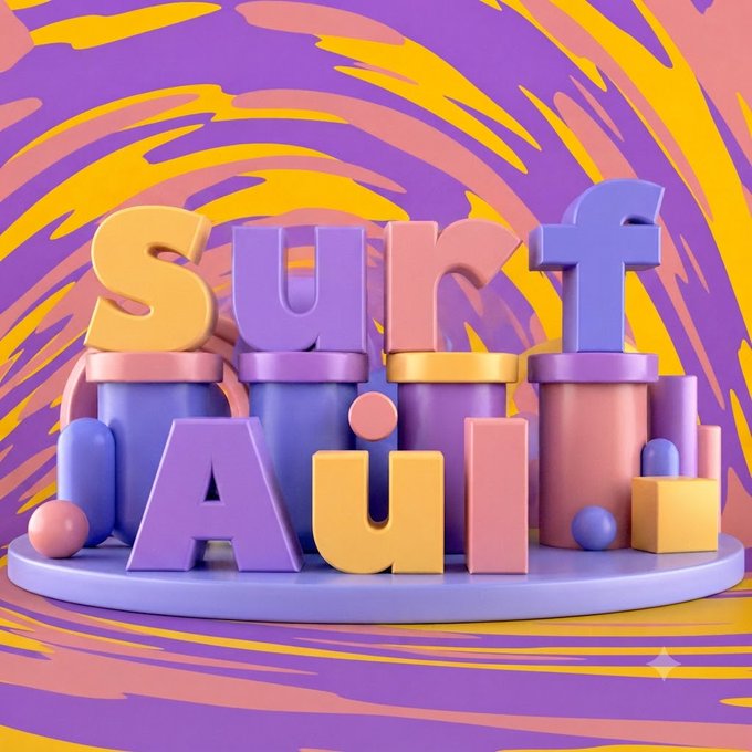 A colorful 3D graphic with the text 'Surf Au!' displayed in pastel yellow, purple, and pink block letters on a swirly purple and yellow background.