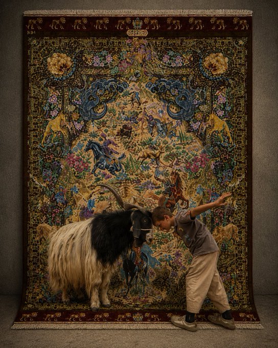 A young boy leans in toward a long-haired black and white goat in front of an ornate tapestry depicting mythical creatures, flowers, and figures.