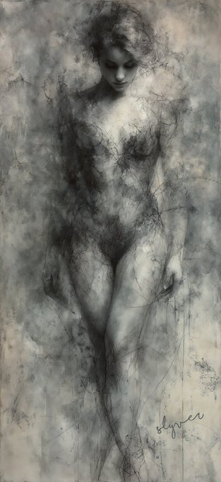 The image features a black and white drawing of a nude woman with her arms crossed, standing against a gray background. The drawing appears to be done in an impressionistic style, which emphasizes the overall mood or atmosphere rather than focusing on minute details. The artist's signature is visible at the bottom right corner of the artwork.