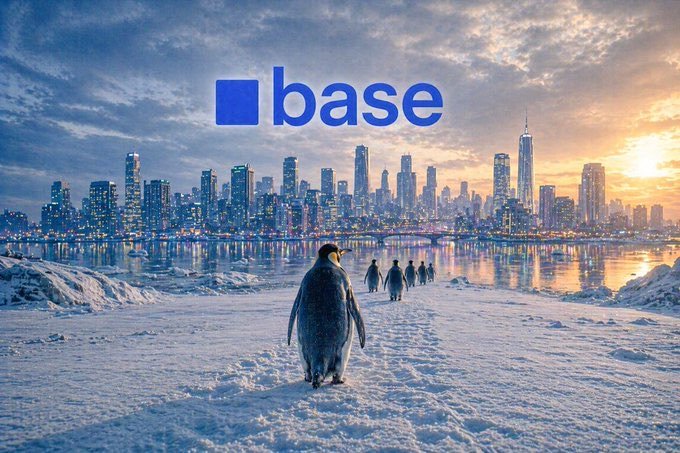 An imaginative composite image featuring penguins on an icy landscape with the 'base' (Base blockchain) logo overlaid, set against a glowing city skyline at sunset.