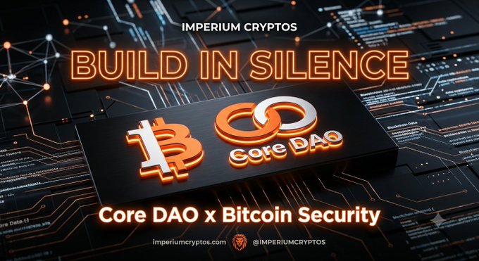 A promotional graphic for Imperium Cryptos featuring Bitcoin and Core DAO logos with the text 'BUILD IN SILENCE' and 'Core DAO x Bitcoin Security'.