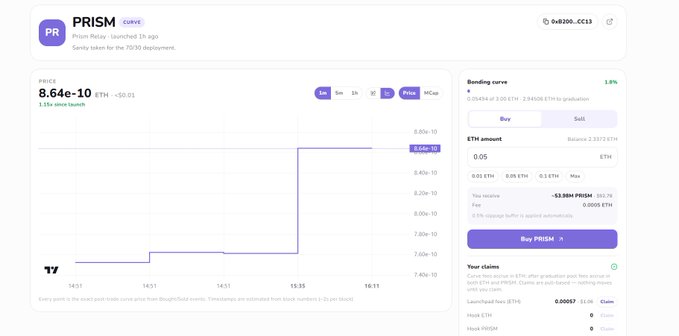 A screenshot of the PRISM Relay interface showing a price of 8.64e-10 ETH with a bonding curve and deployment details for token address 0x8200...CC13.