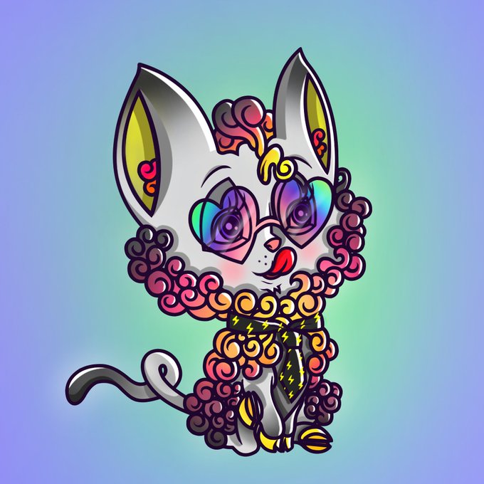 A colorful cartoon cat character with curly pink/orange fur, wearing heart-shaped sunglasses and a yellow tie with lightning bolts, sitting against a gradient blue and green background.