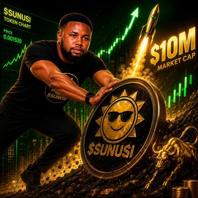 A man poses confidently beside a large golden "$SUNUSI" coin, while a rocket launches against a green trading chart backdrop displaying "TOKEN CHART," "PRICE 0.001520," and "$10M MARKET CAP," symbolizing the coin's bullish momentum in line with the "Gooooooood Morning Guys $SUNUSI" post.