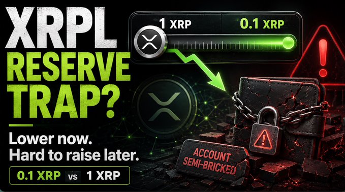 The graphic warns of an “XRPL reserve trap,” depicting a slider that can drop from 1 XRP to 0.1 XRP and a locked wallet marked “ACCOUNT SEMI‑BRICKED.” It illustrates the post’s claim that lowering the reserve now is easy but could leave millions of accounts underfunded and effectively semi‑bricked, as warned by Ripple lead developer Daniel.