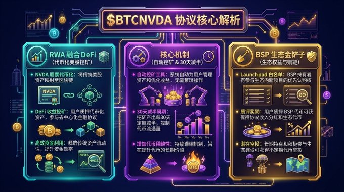 An infographic titled "$BTCNVDA 协议核心解析" (BTCNVDA Protocol Core Analysis) breaks down the project's three main pillars: RWA融合DeFi (tokenizing NVDA stock into NVDA tokens for on-chain trading), a 30-day mining core mechanism (BTCNVDA) with automated halving and burn features, and the BSP生态金铲子 (Launchpad whitelist and incentive ecosystem benefits). The image visually supports the promotional post by illustrating the protocol's core features that make BTCNVDA more than just tokenized US stocks, highlighting its DeFi rewards, mining system, and ecosystem utility.
