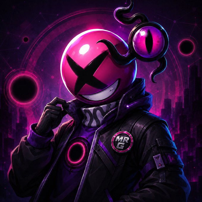 A mysterious figure with a large pink eyeball for a head and a smaller floating eyeball companion wears a dark jacket featuring an "MR G" emblem, set against a cosmic purple cityscape. The eerie, otherworldly mascot visually embodies the post's message of "Mr G is back," symbolizing a fresh, anti-establishment presence challenging the broken pattern of corporate acquisitions in Web3 and retail.