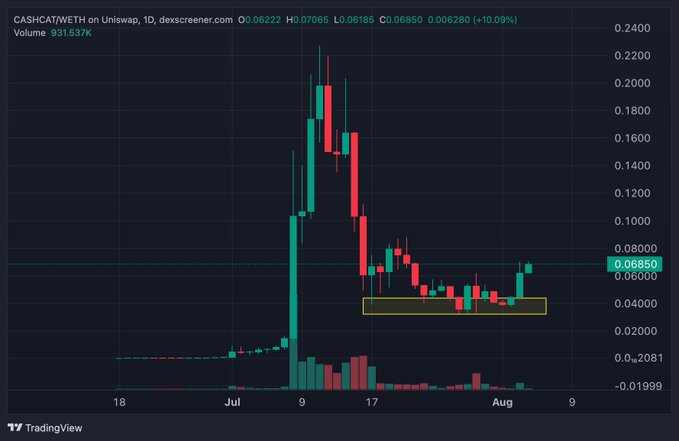 A daily candlestick chart from TradingView displays CASHCAT/WETH on Uniswap, showing a sharp pump to ~$0.20 followed by a retracement to the highlighted $0.04–$0.06 accumulation zone, with the current price at $0.0685 (+10.09%). The setup supports the bullish "Bring it up $CASHCAT" sentiment, as price appears to be breaking out of its consolidation range to the upside.