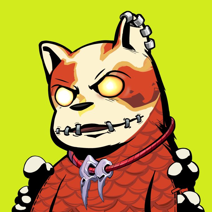 A fierce cat-like character with glowing yellow eyes, stitched mouth, and a scaled red body wears a spiked horn and a metallic pendant, set against a bright lime green background. The artwork visually matches the post's promotion of a free mint NFT drop titled "GTD SPOT" from artist Robinhood Bear, with its edgy, monstrous aesthetic fitting the gritty crypto/NFT community vibe.