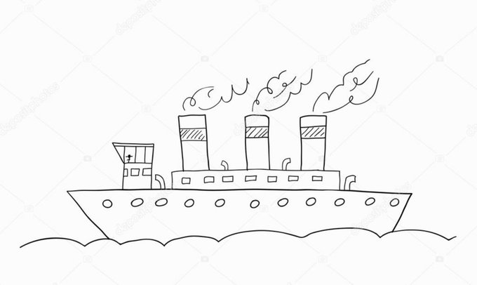 A simple black-and-white line drawing of an old steamship with three smokestacks emitting stylized puffs of smoke, floating on wavy water.