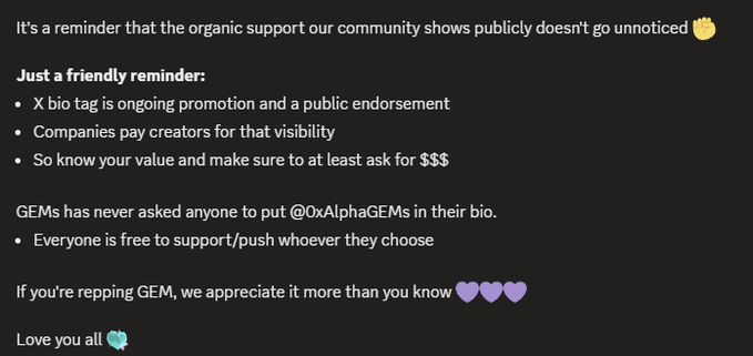 A text post from the GEMs community reminds members that their organic support is noticed, explaining that an X bio tag is a public endorsement for which companies pay, and thanking those who rep GEM.