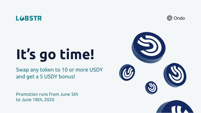 In the image, there are two large circles with blue centers, surrounded by smaller circular tokens with white centers. These circles appear to represent some sort of currency or token related to the swap campaign for swapping Stellar tokens to US Dollars (or vice versa). The text on the image reads "It's go time! swap any token to 10+ or more USDY and get 5 USDY bonus!", emphasizing the main objective of the campaign.