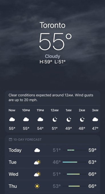iPhone weather app showing Toronto at 55°, Cloudy, with H:59° L:51°, and a 10-day forecast indicating temperatures ranging from the high 40s to mid-60s.