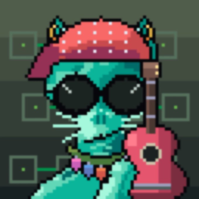 A pixel art image of a turquoise cat wearing a red bandana, sunglasses, and a colorful collar, holding a red guitar.