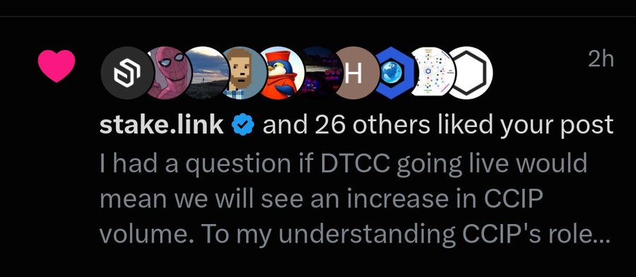 A screenshot of an Instagram-like notification showing 'stake.link (verified) and 26 others liked your post' regarding a question about DTCC going live and CCIP volume.